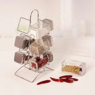 square glass spice storage jars w/metal stand