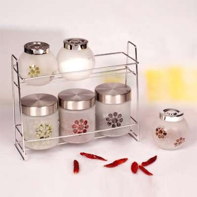 glass jar and bottle for spice with rack