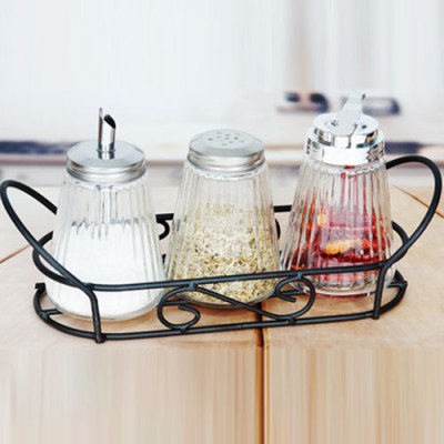 rack for glass oil dispenser with spice jar for table decora